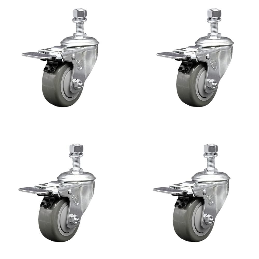 Polyurethane Swivel Threaded Stem Caster Set of 4 w/3" x 1.25" Gray Wheels and 1/2" Stems - Includes 4 with Total Lock Brakes - 1200 lbs Total Capacity - Service Caster Brand