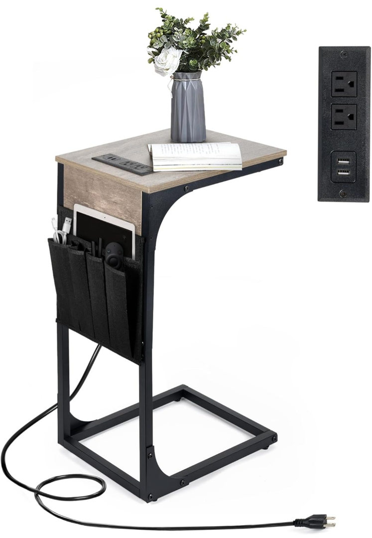 C Shaped End Table with Charging Station, Couch Side Table with Storage Pocket, Slide Under Couch Sofa Table Tray, Greige
