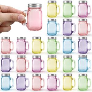 Yungyan 24 Pcs Mini Mason Jars Shot Glasses with Lids 1.7oz/50ml Colorful Reusable Glass Jars with Handles for Party Favors, Wedding, Baby Shower, Drink, Dessert, Condiments, Jams, Candle, DIY Crafts