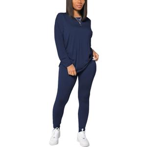 HBQ Women's Casual 2 Piece Outfits Long Sleeve Sweatsuits Drop Shoulder Tracksuits Biker Workout Jogger Sets (Large, Dark Blue)
