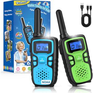 Wishouse Walkie Talkies for Kids Rechargeable Long Range,Xmas Birthday Gift for 4 5 6 7 8 9 Year Old Boys Girls,Hiking Gear Camping Games Cool Toys with NOAA,SOS Siren,Lamp,Lanyards,Easy to Use,2 Pack (Blue Green)
