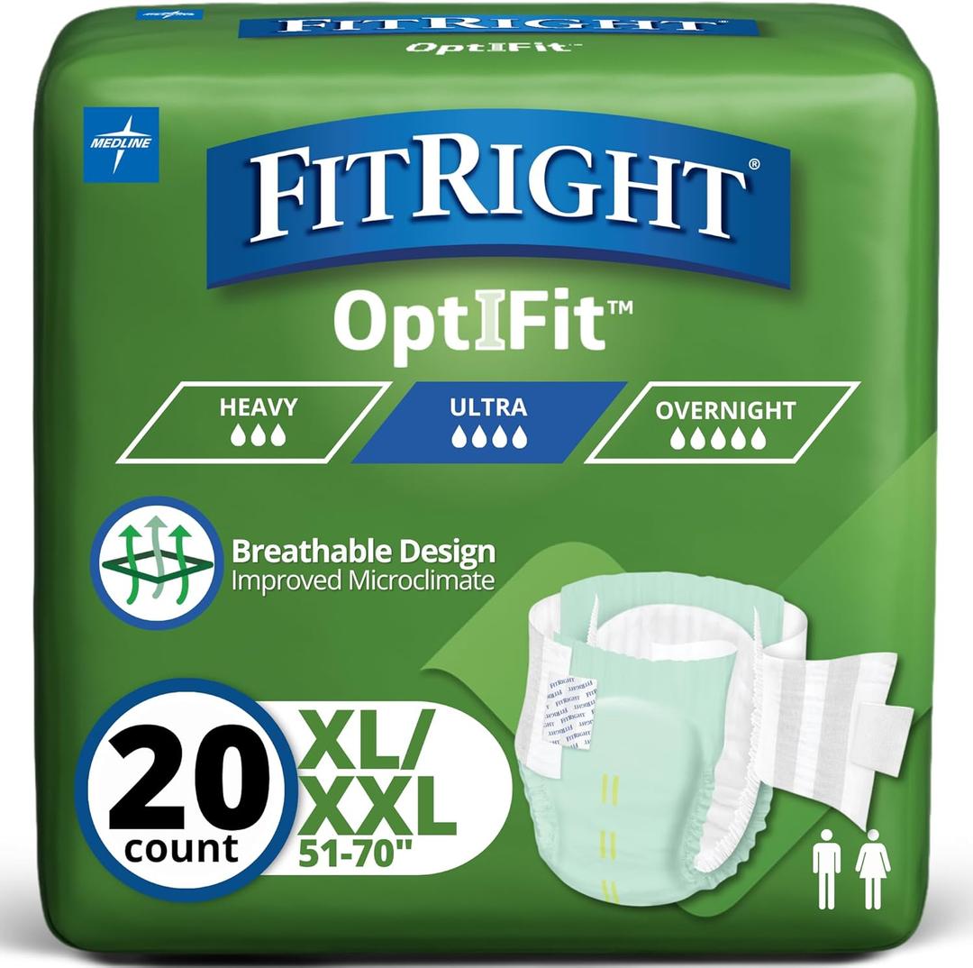 FitRight Stretch Ultra Adult Briefs, Incontinence Diapers with Tabs, Heavy Absorbency, XL/2XL, 51 to 70", 20 Count