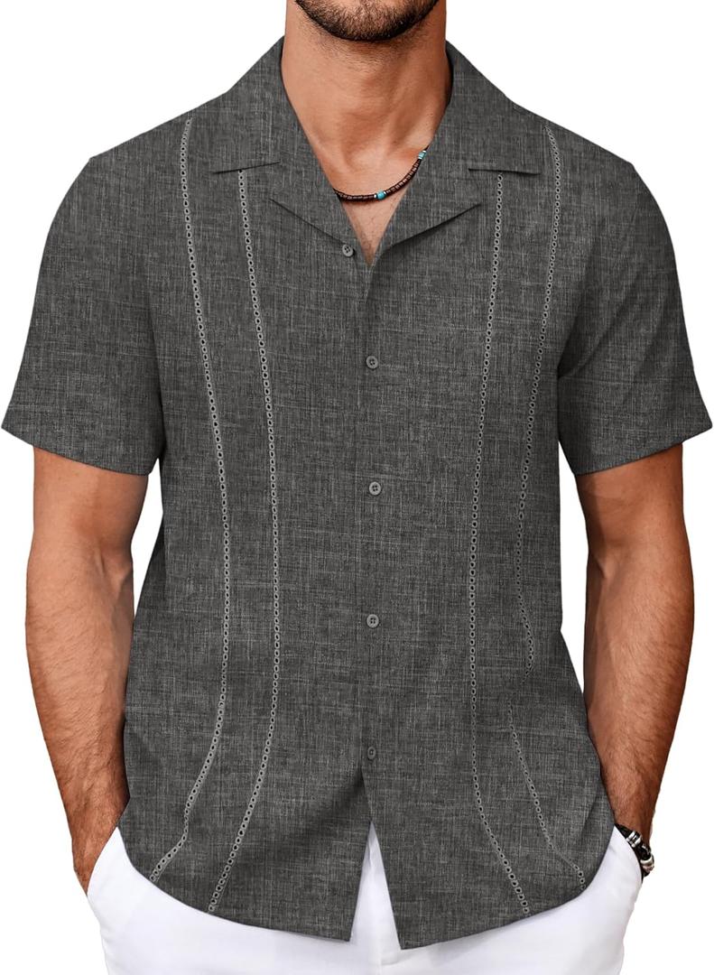 COOFANDY Guayabera Shirts for Men Cuban Short Sleeve Button Down Summer Shirts Linen Shirts (Gray, L)