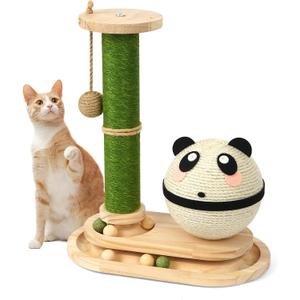 Cat Scratching Post, Panda Cat Grabs Sisal Ball Kitten Toys for Indoor Cats Wooden Ball Track Two-Layer Modern Sisal Cat Tree Tower Scratch Post Interactive Toy with Dangling Ball