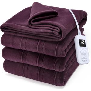 Sunbeam Royal Ultra Fleece Heated Electric Blanket Twin Size, 84" x 62", 12 Heat Settings, 12-Hour Selectable Auto Shut-Off, Fast Heating, Machine Washable, Warm and Cozy, Claret