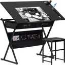 VECELO Drafting Table Art Desk Art Table Adjustable Drawing Table Tilted Tabletop with 2 Storage Drawers and Stool, Drawing Desk for Artist Painters Drawing, Crafting, Reading, Writing, Black, 40.2" L x 23.7" W x 29.5" H