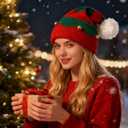 Women-Men-Christmas Elf Knitted Beanies-with Pompom Santa-Skull Cap (Red)