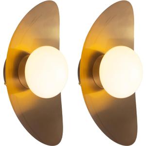 Mid Century Wall Lighting, White Glass Globe Wall Sconce Lighting, Classic Crescent Shape, Gold Finished, Bathroom Vanity Lights for Living Room Bedroom, Set of 2