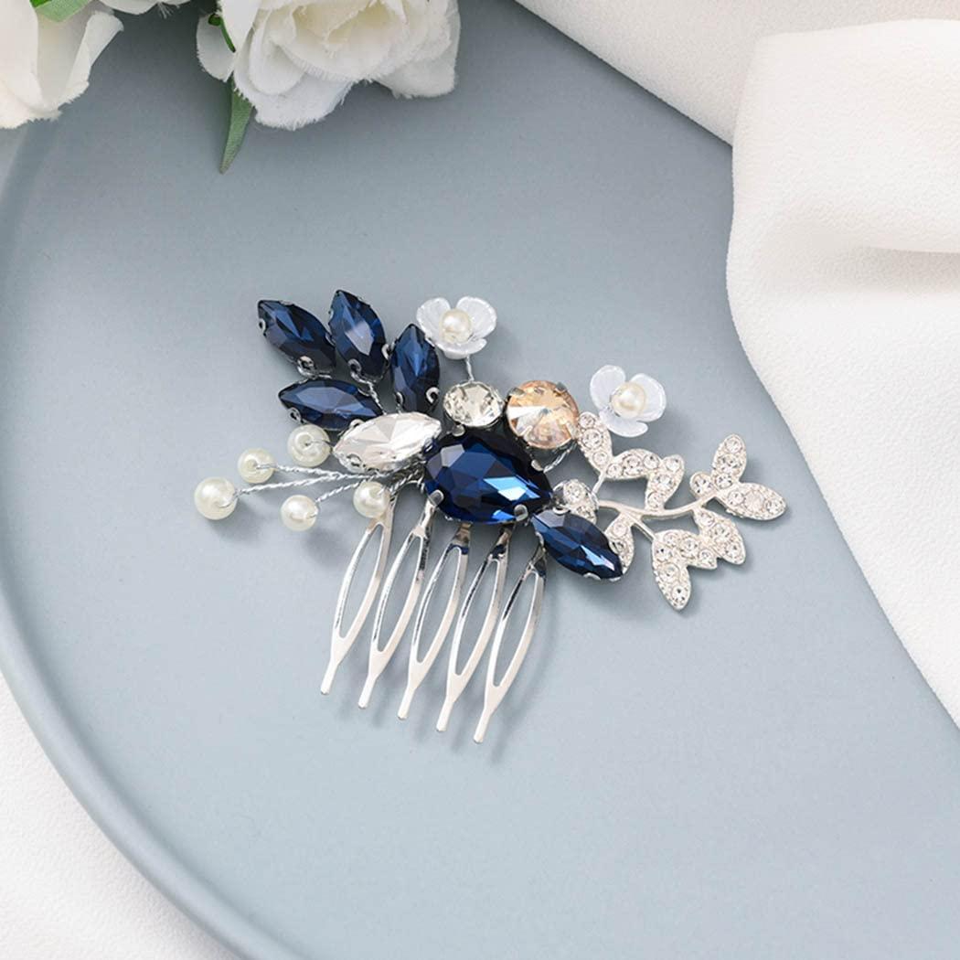 Catery Blue Rhinestone Bride Wedding Hair Comb Ceramic Flower Bridal Hair Clips Headpiece Hair Accessories for Women and Girls