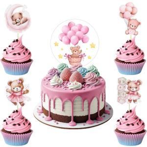 25PCS Moon Baby Bear Cupcake Topper and Bear Acrylic Cake Topper, Jungle Animal Theme Cupcake Party Supplies for Baby Shower Decorations Newborn Party Supplies (Pink)