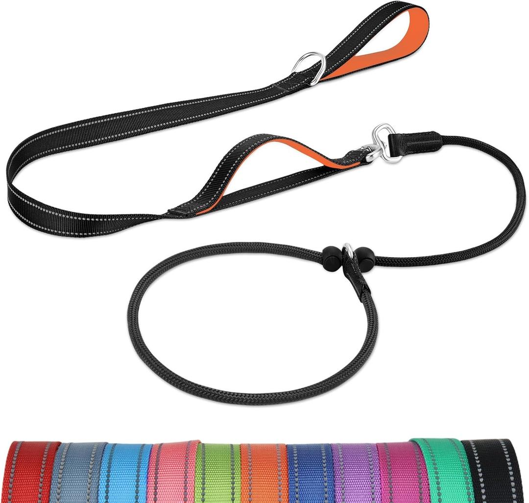 Joytale Tangle-Free Slip Leads for Dogs, 6 FT Slip Leash with Padded Double Handle, Reflective Nylon Training Leash for Small Medium Dogs 15-40 Lbs, Black/Orange 2 Pack