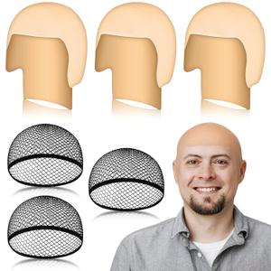 6 Pcs Bald Caps for Men Women Makeup Latex Bald Head Wig Caps Balds Cosplay Costume Accessories for Adults Halloween(Beige 1,Medium,Novel)