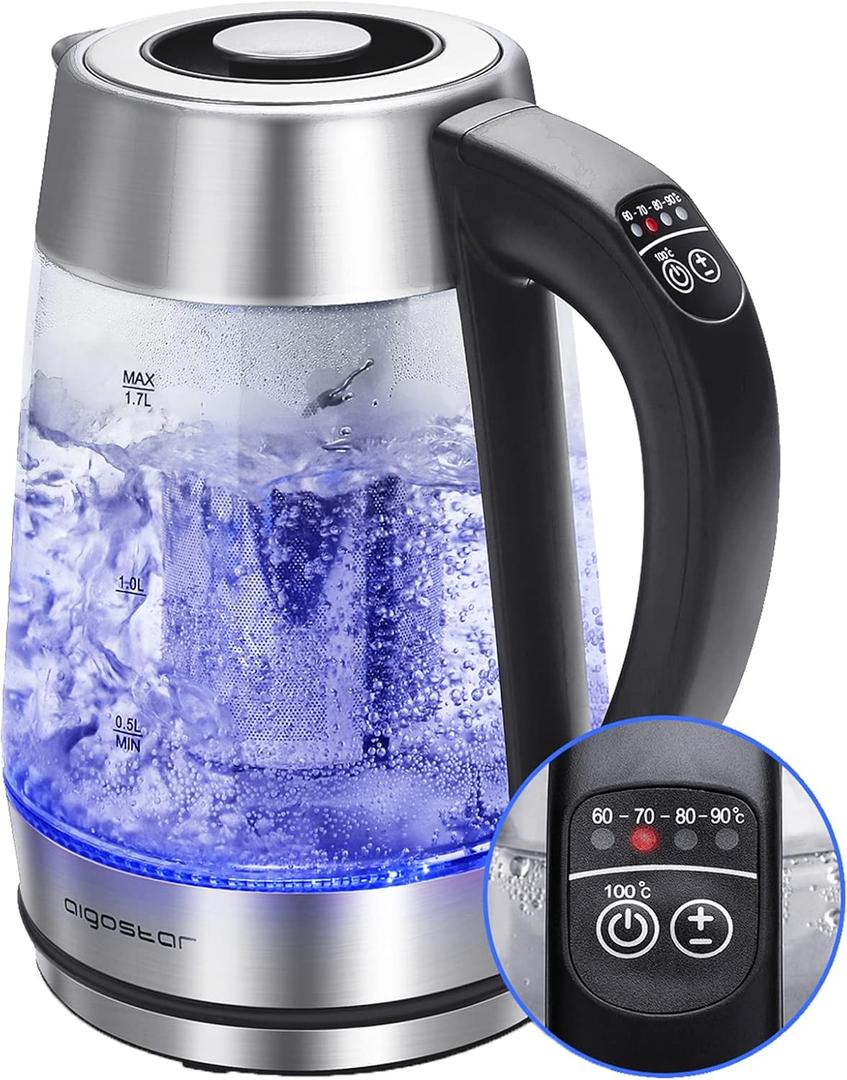 Aigostar Electric Kettle, Tea Kettle with Temperature Control and Tea Infuser, 1500W Hot Water Kettle with Variable Temperature, Keep Warm Function, LED Indicator Light Change, Auto Shut-Off, 1.7L (Stainless Steel- Tea Infuser)