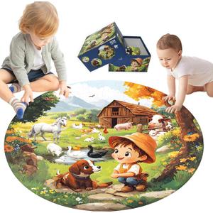 Floor Puzzle for Kids Ages - 70 Piece Large Farm Themed Round Floor Puzzle for Kids Ages 3 4 5 6 7 8 - Toddler Preschool Farm Educational Toy Gift