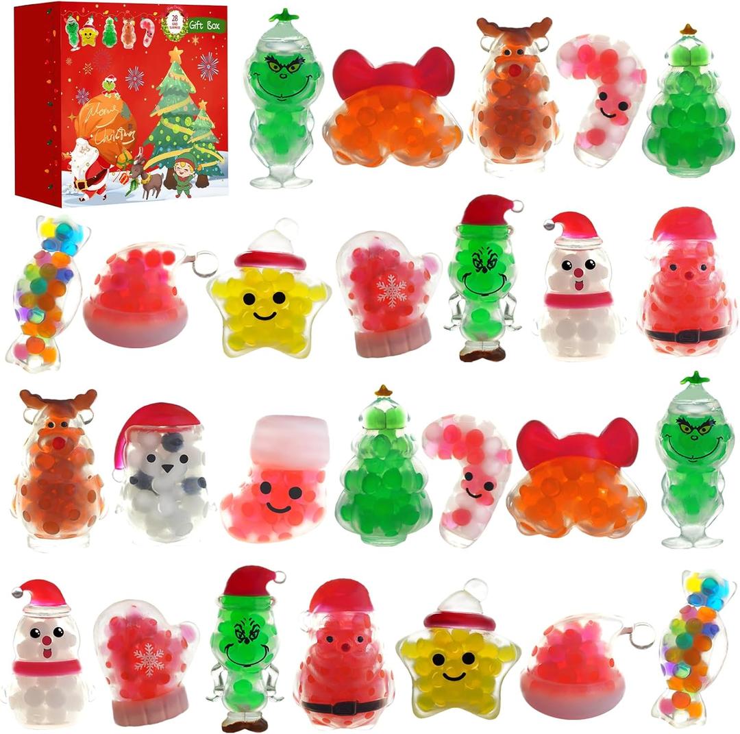 28PCS Christmas Squishies Toys,Stress Ball Fidget Toys for Stress Relief Anxiety,Christmas Party Favors for Stocking Stuffers, Prizes & Gift Box