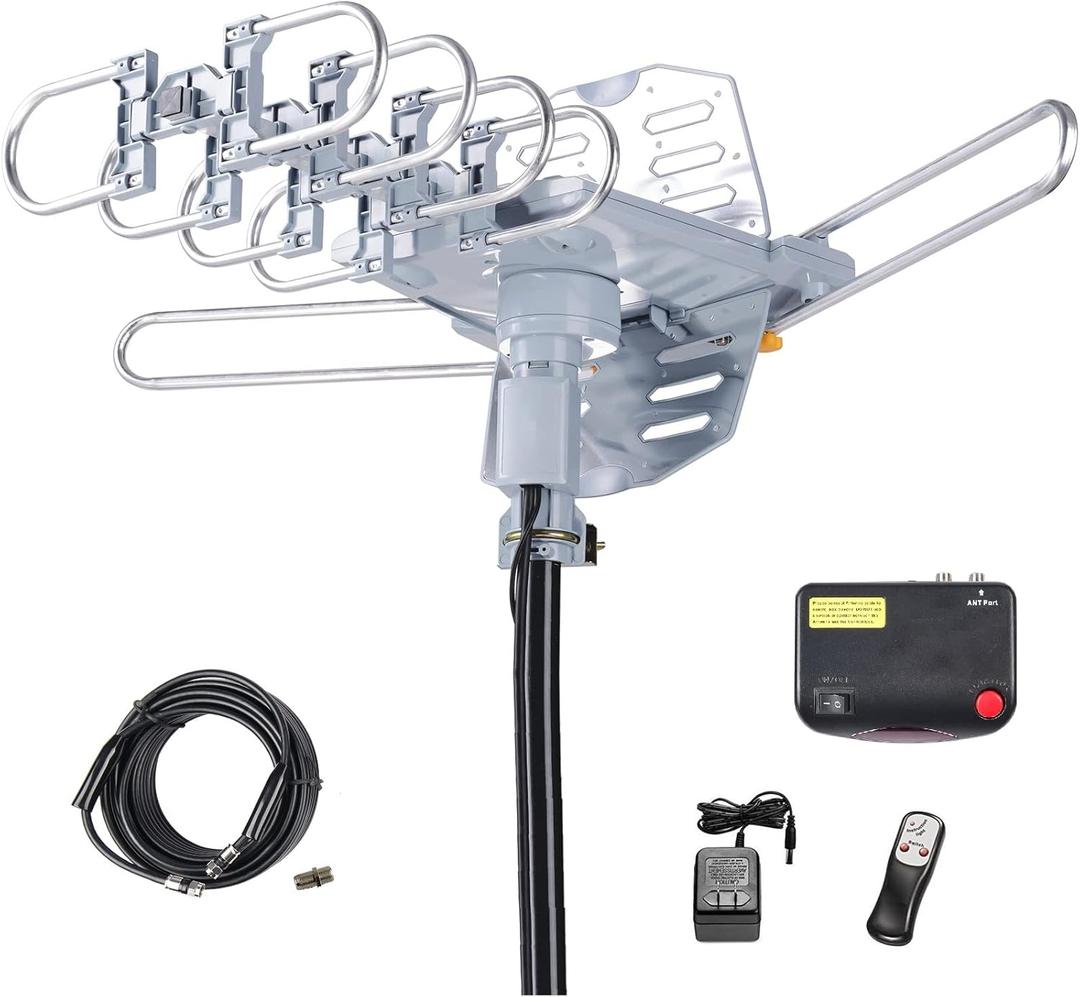 Amplified Digital Outdoor HDTV Antenna 150 Miles Long Range - 360 Degree Rotation Infrared Control - Tools Free Installation - Support 2 TVs