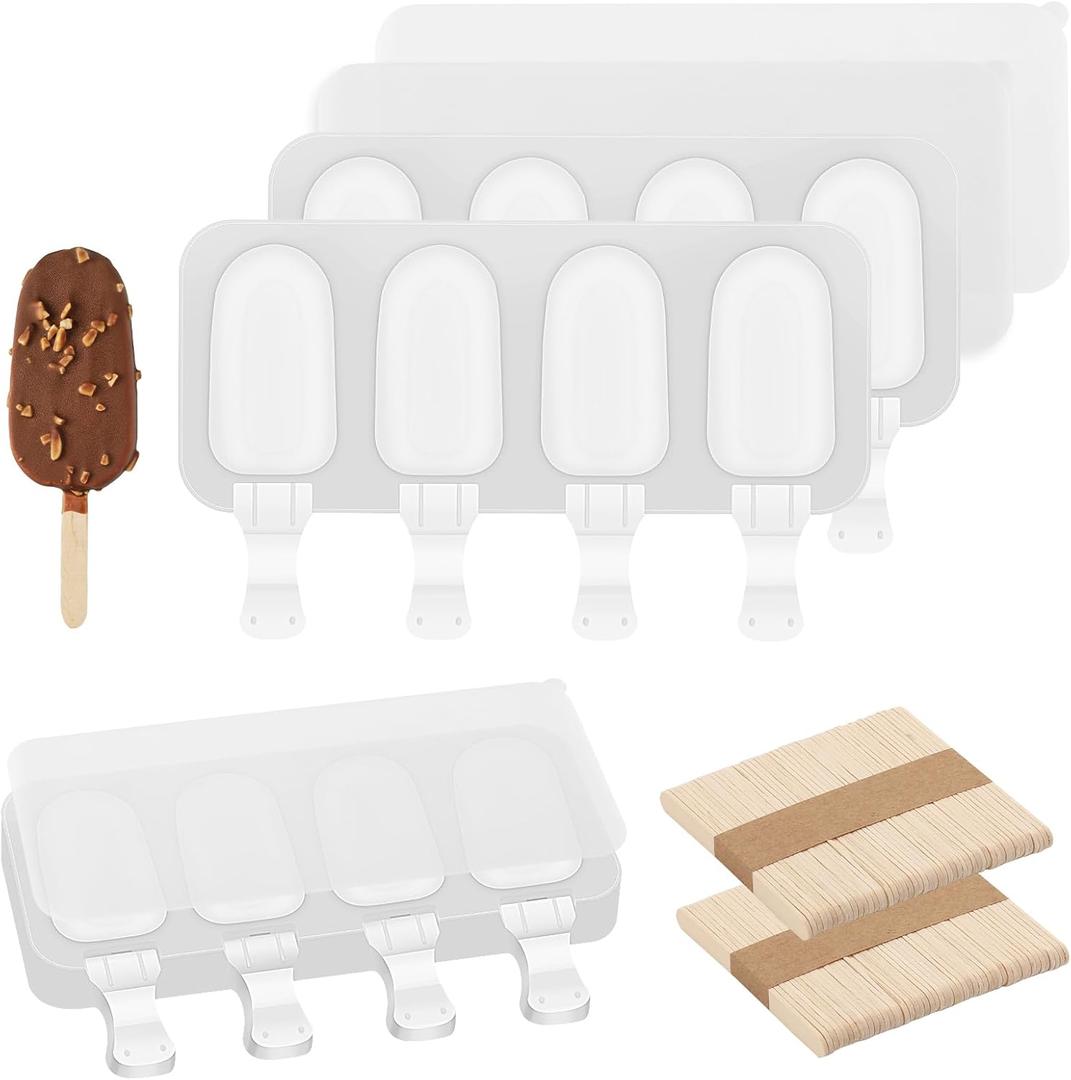 3 Set Samll Popsicles Molds with Lids and 100 Pieces Wooden Popsicles Sticks, 4 Cavities Silicone Ice Cream Molds for Making Cakesicles, Cake Pops, Ice Cream - BPA Free (Small Size, White)