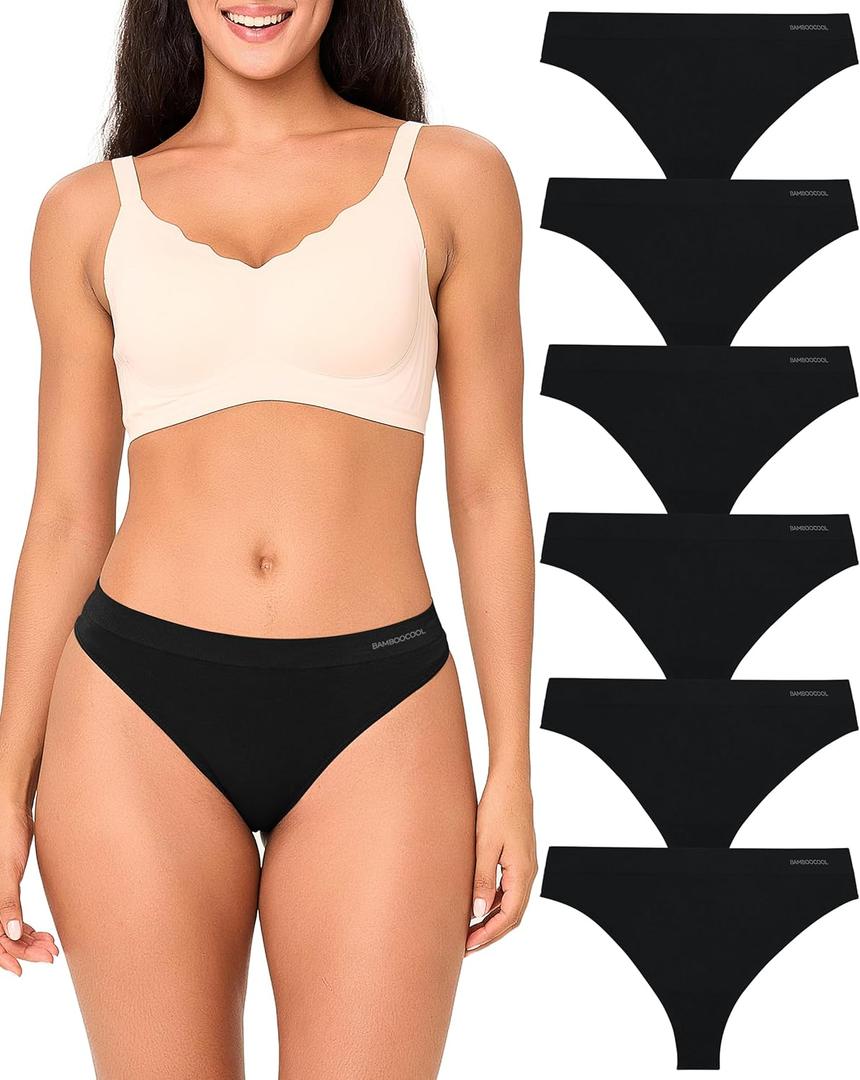 BAMBOO COOL Women's Thongs Seamless Moisture-Wicking Breathable Underwear High Stretchy Mid Waisted Panties Tagless 6 Pack (X-Large)