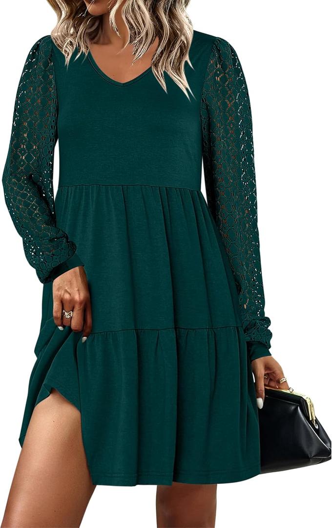 ANRABESS Dresses for Women Casual Lace Long Sleeve V Neck Tiered Swing Flowy Loose A-line Mini Short 2025 Fall Vacation Dress (Deep Green), Large