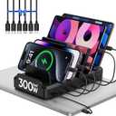 300W Charging Station for Multiple Devices, 8 Port Multi USB C Fast Charger Station Dock for MacBook iPhone 17/16/15/14/13/12 Samsung Pixel Series iPad, Black (6 Mixed Short Cables Included)