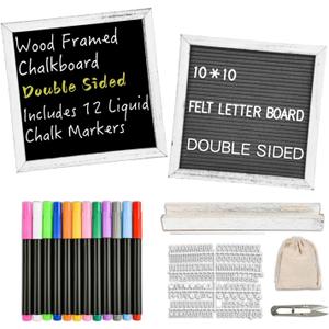 10" x 10" Double Sided Chalkboard Sign with Stand, Small Chalk Board Blackboard Wood Frame Felt Letter Board with 12 Chalk Markers and 340 Letters (White)