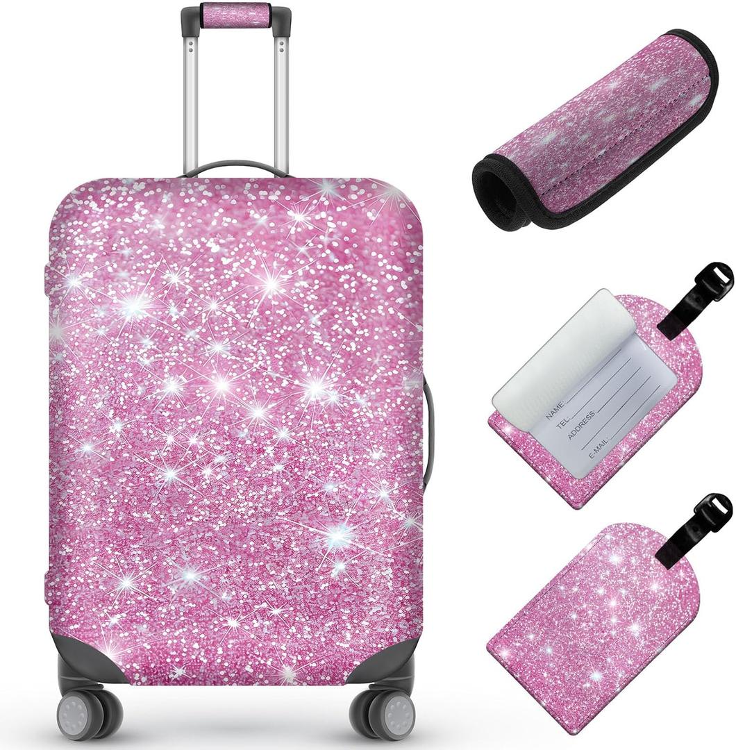 Tudguiloae Travel Luggage Cover,Pink Glitter Theme Suitcase Cover Accessory Kit, Luggage Tag, and Comfortable Luggage Handle Wrap, Washable Zipper Close Luggage Suitcase Protector (18-20 inch,S)