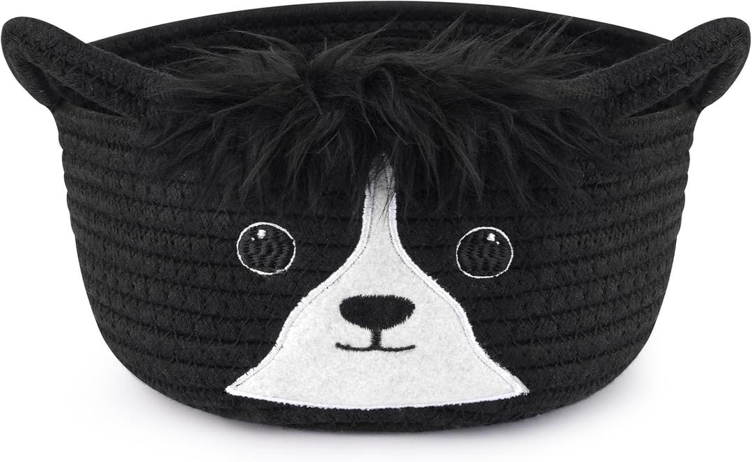Small Storage Basket, Cute Woven Rope Cotton Storage Basket for Nursery, Baby Towel Bins with Ears Handles, Animal Decor Dog Towel Decor Bear Toy Cat Dog Bins, 8.7" D x 5.5" H IN