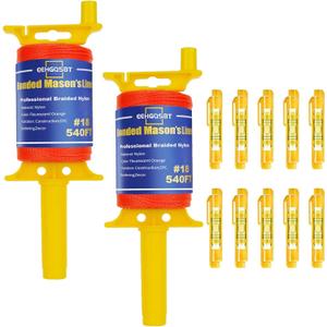 2 Pack Mason Line String with Handle, 540FT #18 Braided Nylon String with Reloadable Line Reel and 5 Built-in Levels, Heavy-Duty Construction Twine for Masonry Gardening DIY Projects.