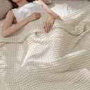 Bedsure Cooling Cotton Waffle King Size Blanket - Lightweight Breathable Blanket of Rayon Derived from Bamboo for Hot Sleepers, Light Beige, 104x90 Inches