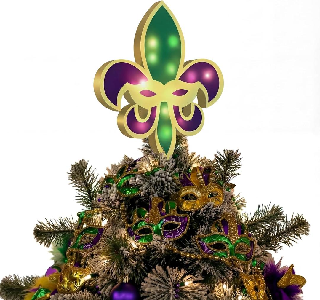 Mardi Gras Tree Toppers Decorations LED Large Wood Carnival Treetop Plug Purple Green Gold Mardi Gras Fleur De Lis Mystery Mask Decorations for Carnival Holiday Indoor Outdoor Party Favors (10 Inches)