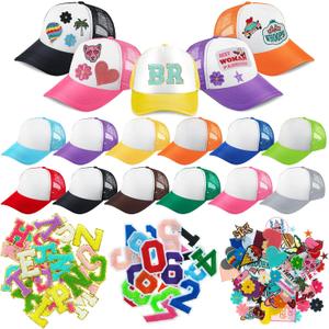 Hercicy 12 DIY Trucker Hats Kit, Sublimation Blank Baseball Caps with 120 pcs Embroidered Patches DIY Craft for Party(Cute, Multicolor)