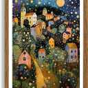 AVECCO Framed Colorful House Village Night Canvas Wall Art, Gustav Klimt Style Moon Stars Tree Wall Decor, Vibrant Starry Landscape Prints for Bathroom Living Room Bedroom Dining Room Office 16x24 in