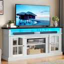 YITAHOME LED Farmhouse TV Stand for 75 Inch w/Outlets, Modern Entertainment Center with Glass Doors and Adjustable Storage Shelves, Media Console TV Cabinet for for Living Room, White/Black