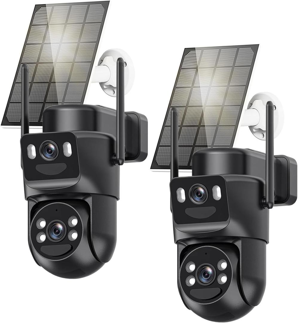 4K Solar Security Cameras Wireless Outdoor, 2.4G/5Ghz WiFi Cameras for Home Security, Dual Lens Solar Camera with Auto Tracking, Human Detection, Color Night Vision, Spotlight Siren, Alexa