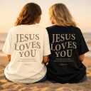 Christian T Shirts for Women Jesus Loves You Shirt Faith Religious Cross Floral Graphic T-Shirt Bible Verse Tee Tops (M)