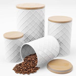Pebble & Stem White Metal Canister Set for the Kitchen Counter, Food Canister Set of 4, Airtight Lids, Sugar and Flour Containers for Countertops, Coffee and Tea Storage, Farmhouse Decor