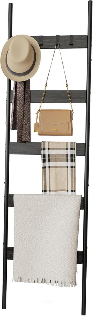 Blanket Ladder, 5-Tier Towel Holder with 4 Removable Hooks, Farmhouse Wall Leaning Decorative Rack Shelf, Wooden Towel Display Rack, Quilt Ladder for Living Room, Bedroom, Black (17.3"W x 63.0"L)
