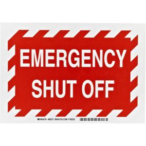 Brady 90372 7" Height, 10" Width, B-302 High Performance Polyester White On Red Color Fire Sign, Legend "Emergency Shut Off"