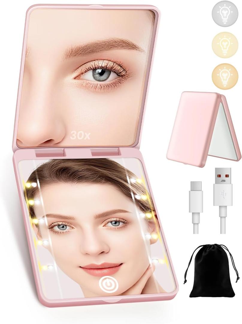 Compact Mirror, Rechargeable 30X Magnifying Mirror with 3 Lighting Modes & Dimmable Brightness, Portable Travel Makeup Mirror with Light, Essentials for Travel, Pocket, Purse Pink