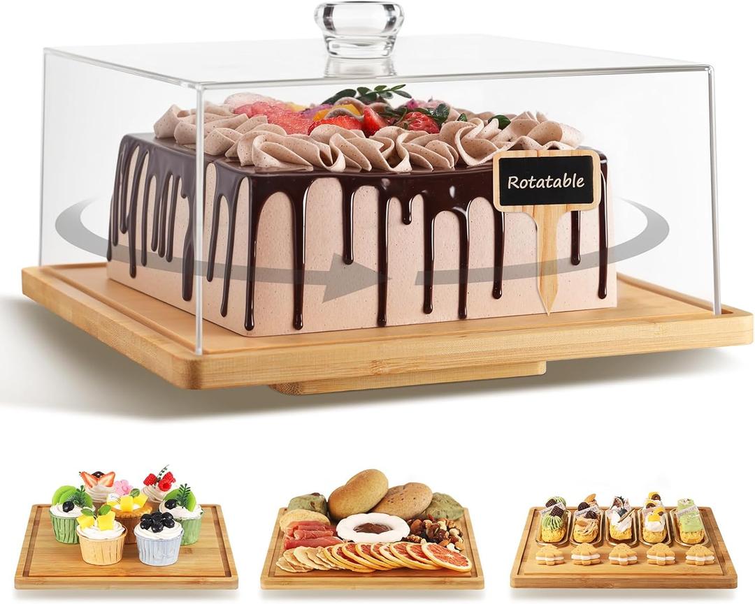 Rotatable Square Cake StandCake Stand with DomeRotating Dessert Holder with Acrylic Lid Cover,Bamboo Cheese Pie Cupcake Display Spinner Serving Platter with LidBirthday Wedding House Warming Gifts
