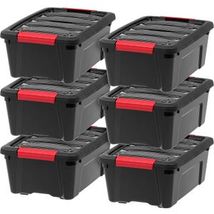 IRIS USA 13 Qt Stackable Plastic Storage Bins with Lids, 6 Pack - BPA-Free, Made in USA - Garage Organizing Solution, Latches, Durable Nestable Containers, Secure Pull Handle - Black
