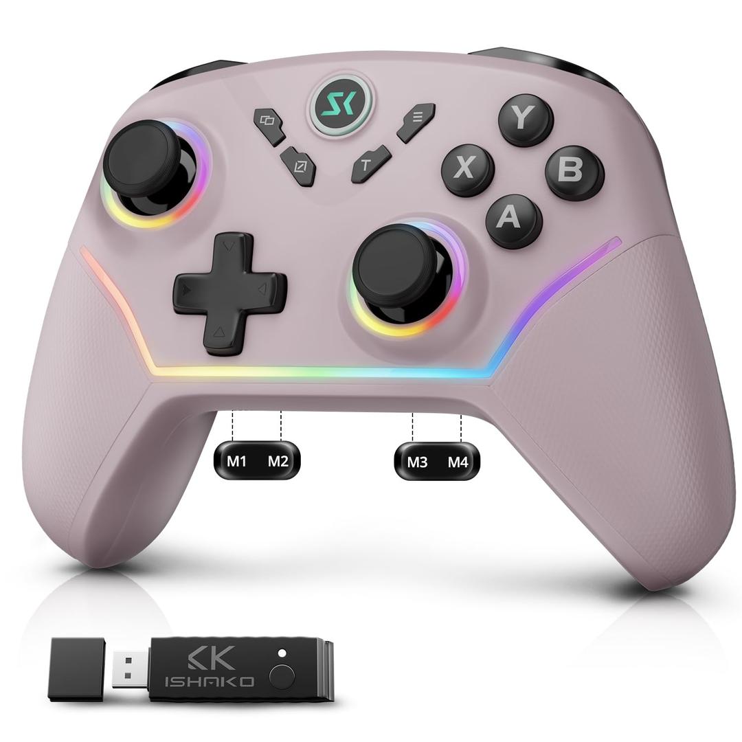 ISHAKO Wireless Gaming Controller  1000Hz Polling, 1200mAh Battery PC Controller, Back Buttons, Hall effect Joystick, Hall Triggers, 3-Mode Triggers 2.4G&Bluetooth Controller for PC/Steam/iPhone/Android/Switch -Metallic Berry Powder