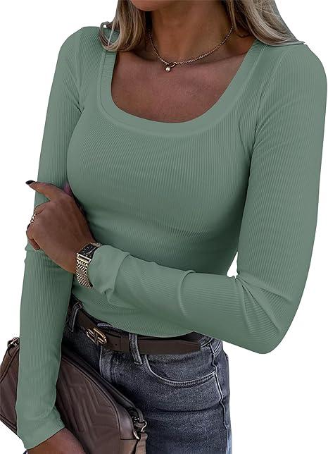 Roselux Womens Long Sleeve Scoop Neck Ribbed Knit Fitted Casual Tops Tee Slim Basic Shirts, Sage green, Small