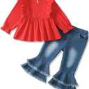Mikrdoo Baby Toddler Girl Clothes Long Sleeve Ruffle Shirts Top Denim Bell Bottom Outfits Fall Winter Kids Clothing Sets (6-7 Years, 1-red)