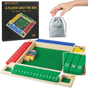 Upgrade Shut The Box Dice Game 1-4 Player, Wooden Board Table Math Games with 16 Dices, Classics Tabletop Version Games for Kids & Adults, Home, Classroom, Party or Pub (14 Inches)