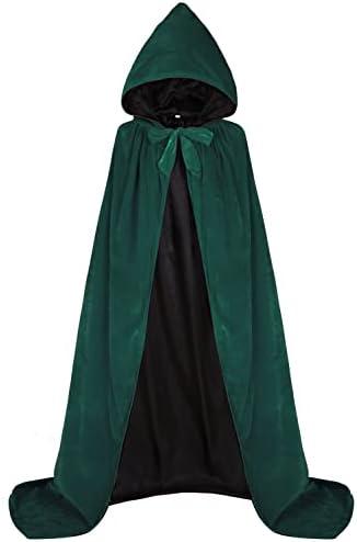ALIZIWAY Hooded Cape Reversible Velvet Cloak Lined with Satin Renaissance Medieval Halloween Christmas Cosplay Costume 220cm (Green Velvet and Black)