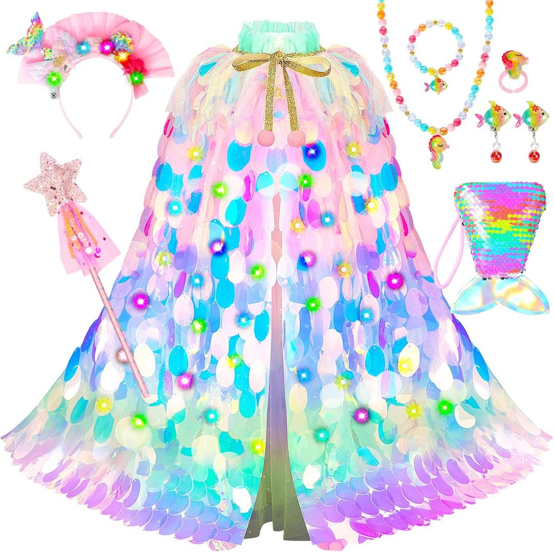 Princess Dress Up Toys Princess Dress Up Clothes Rainbow Mermaid Cape Kit 9 Pcs Gift Set for Little Girls 3-8 Years (7 - Light Up Rainbow Multi-color)