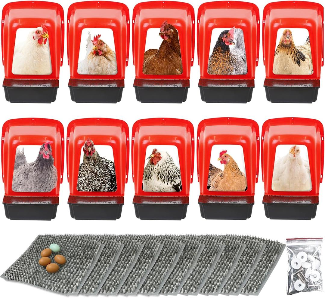 Chicken Nesting Boxes 10 Pack with Egg Roll Out, Plastic Chicken Laying Boxes for Chicken Coop, Wall Mounted Hen Nesting Box for Chickens & Poultry, Durable, Easy to Install & Clean, Red