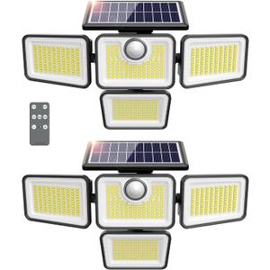 4500LM Solar Lights Outdoor, 4 Adjustable Heads Motion Sensor Lights, 3 Modes, 6500K, IP65 Waterproof Solar Security Wall Lights, Remote Control Flood Lights, Garden, Outside, Backyard, 2 Pack
