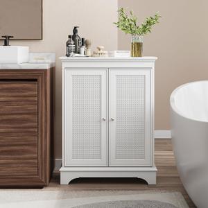 White Bathroom Floor Cabinet, Modern Freestanding Storage Cabinet with 2 Rattan Doors & Adjustable Shelf for Bathroom, Living Room, Entryway, Home Office